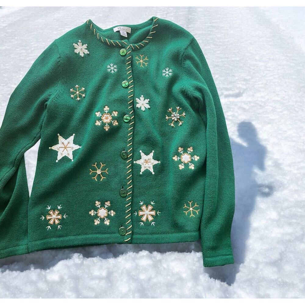 The TOG shop Womens winter snowflake themed cardigan‎ sweater size MEDIUM green